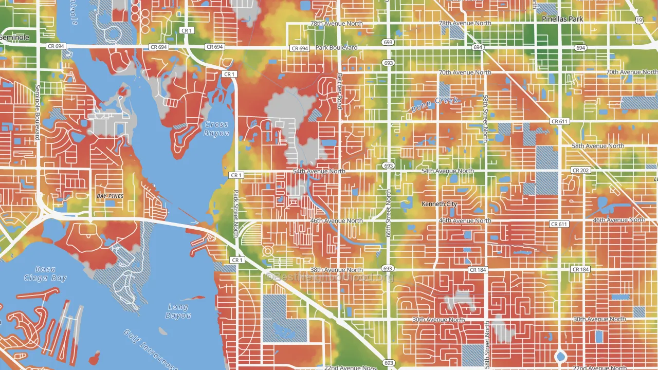 Walk Grade map of West Lealman, FL, walkable areas in green and car-dependent areas in red