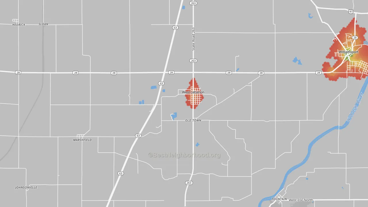 Walk Grade map of West Lebanon, IN, walkable areas in green and car-dependent areas in red