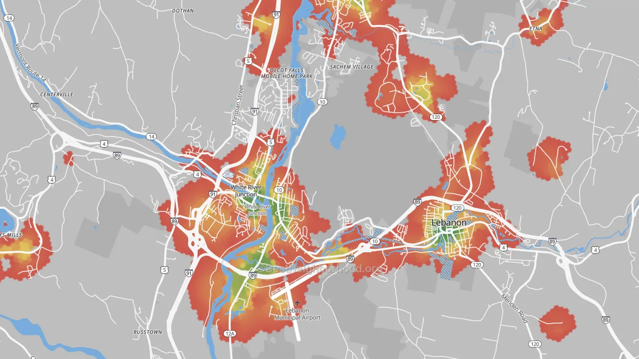 Walk Grade map of West Lebanon, NH, walkable areas in green and car-dependent areas in red