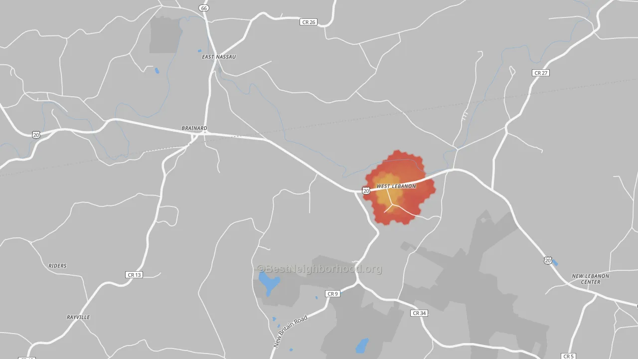 Walk Grade map of West Lebanon, NY, walkable areas in green and car-dependent areas in red