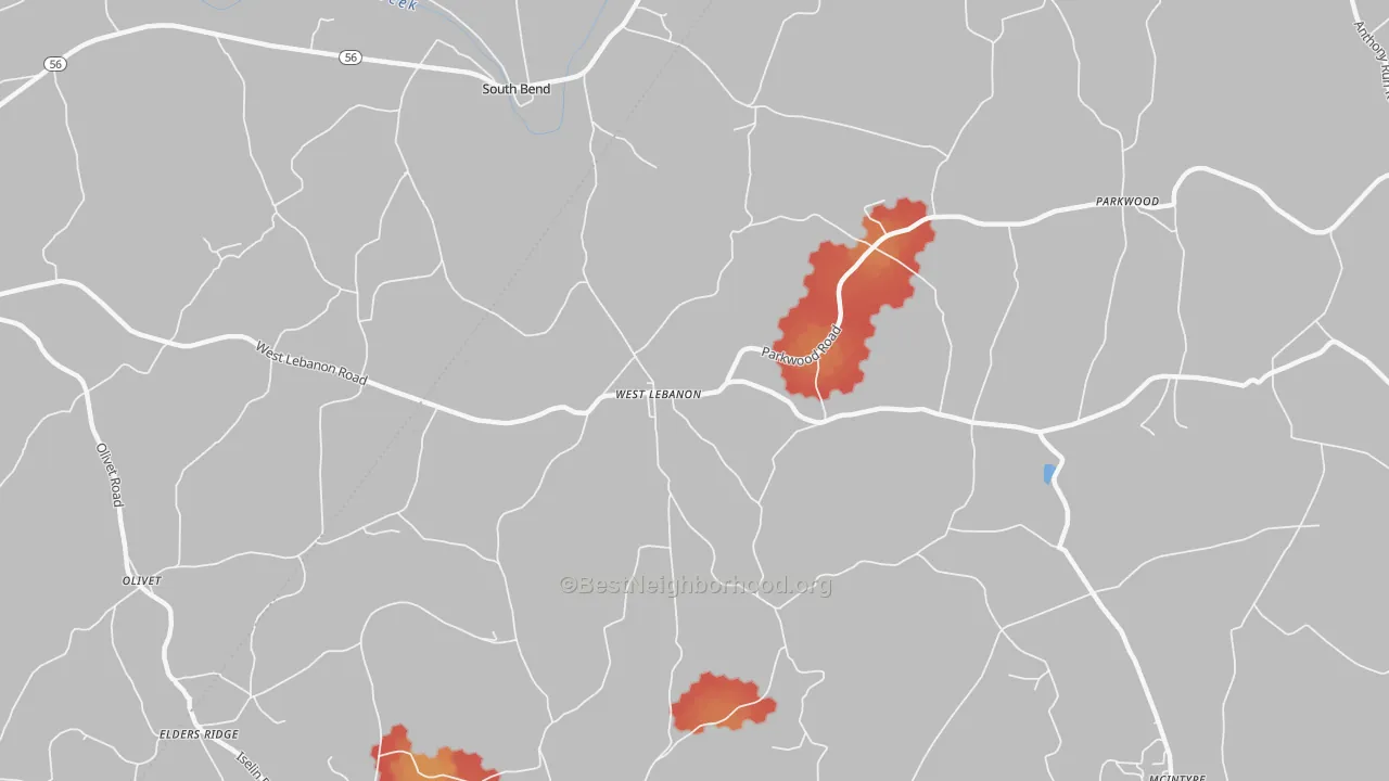 Walk Grade map of West Lebanon, PA, walkable areas in green and car-dependent areas in red