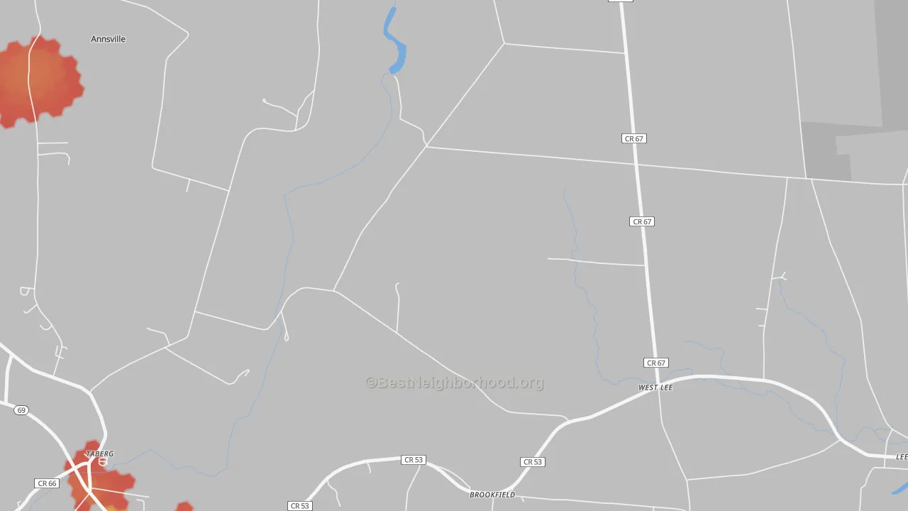 Walk Grade map of West Lee, NY, walkable areas in green and car-dependent areas in red