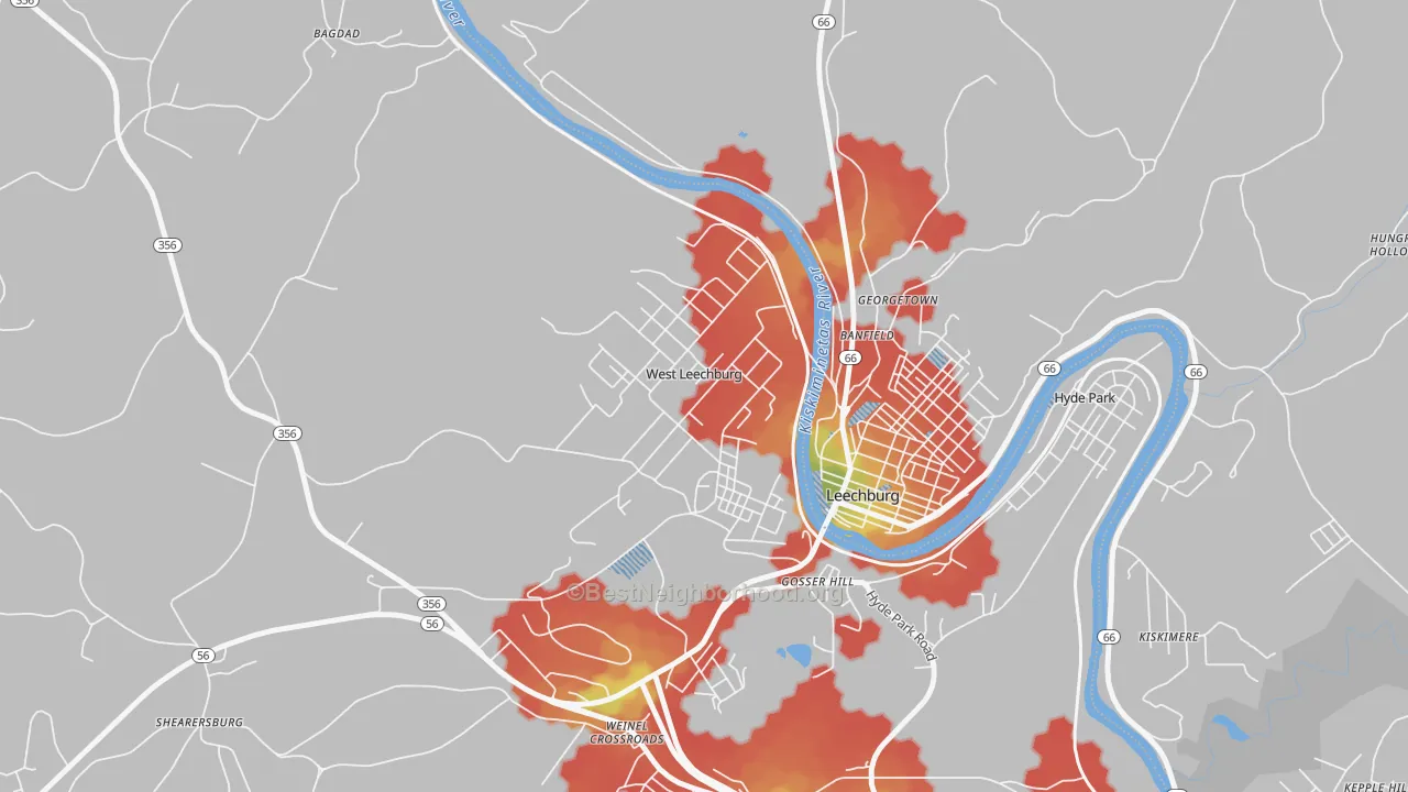 Walk Grade map of West Leechburg, PA, walkable areas in green and car-dependent areas in red