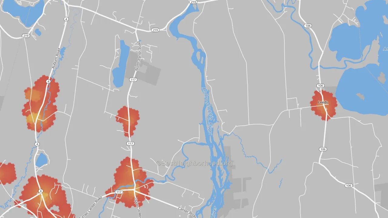 Walk Grade map of West Leeds, ME, walkable areas in green and car-dependent areas in red
