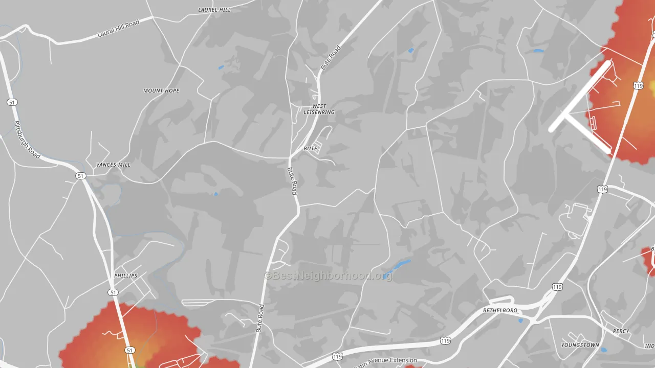 Walk Grade map of West Leisenring, PA, walkable areas in green and car-dependent areas in red