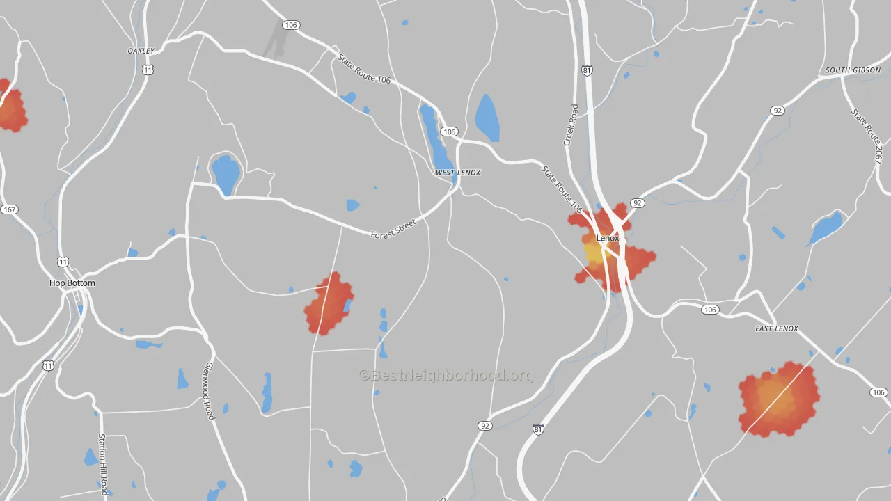 Walk Grade map of West Lenox, PA, walkable areas in green and car-dependent areas in red