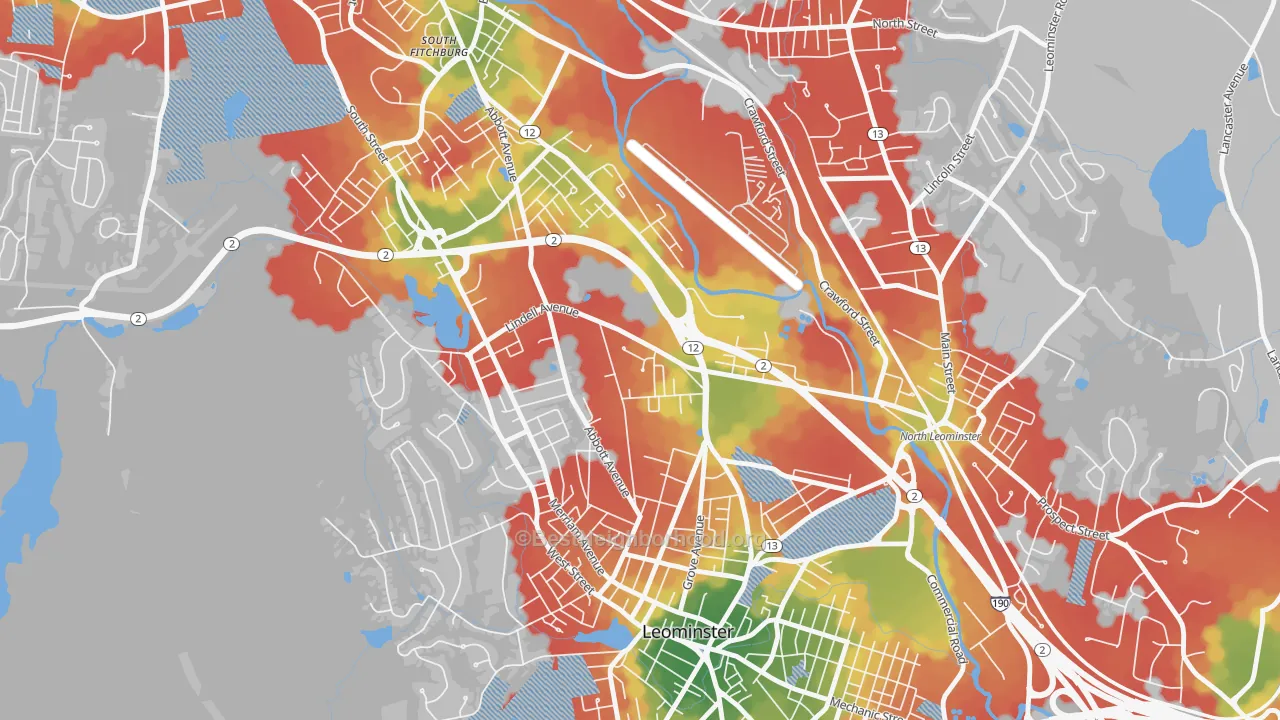 Walk Grade map of West Leominster, Leominster, MA, walkable areas in green and car-dependent areas in red