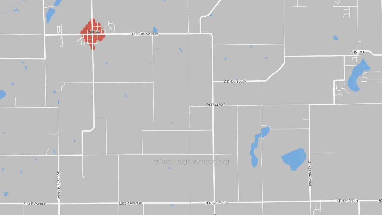 Walk Grade map of West Leroy, MI, walkable areas in green and car-dependent areas in red