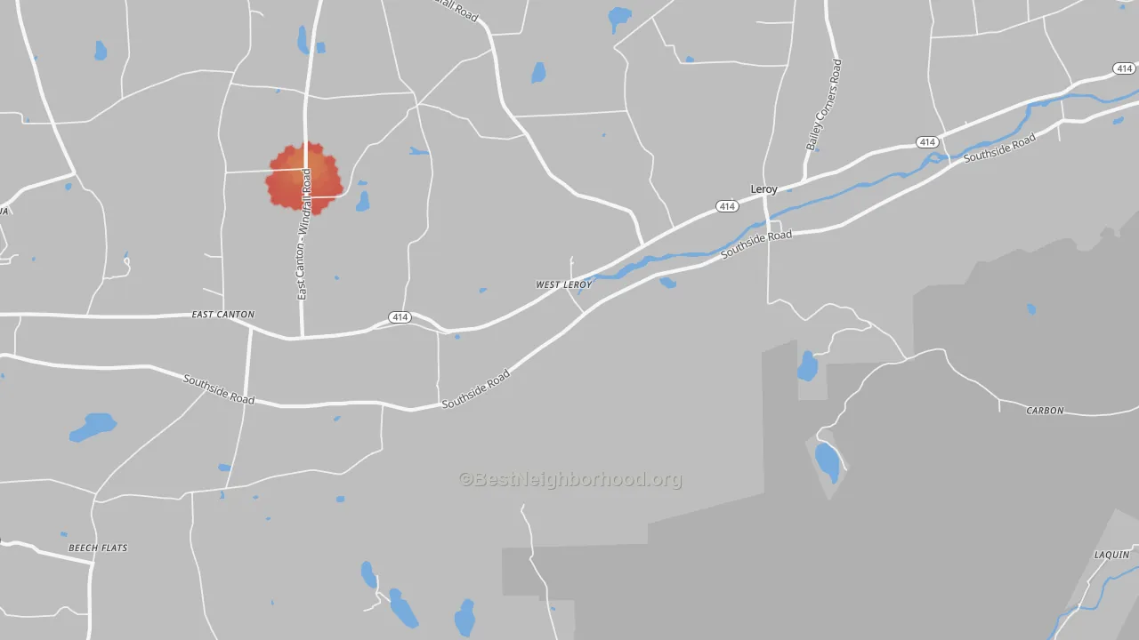 Walk Grade map of West Leroy, PA, walkable areas in green and car-dependent areas in red