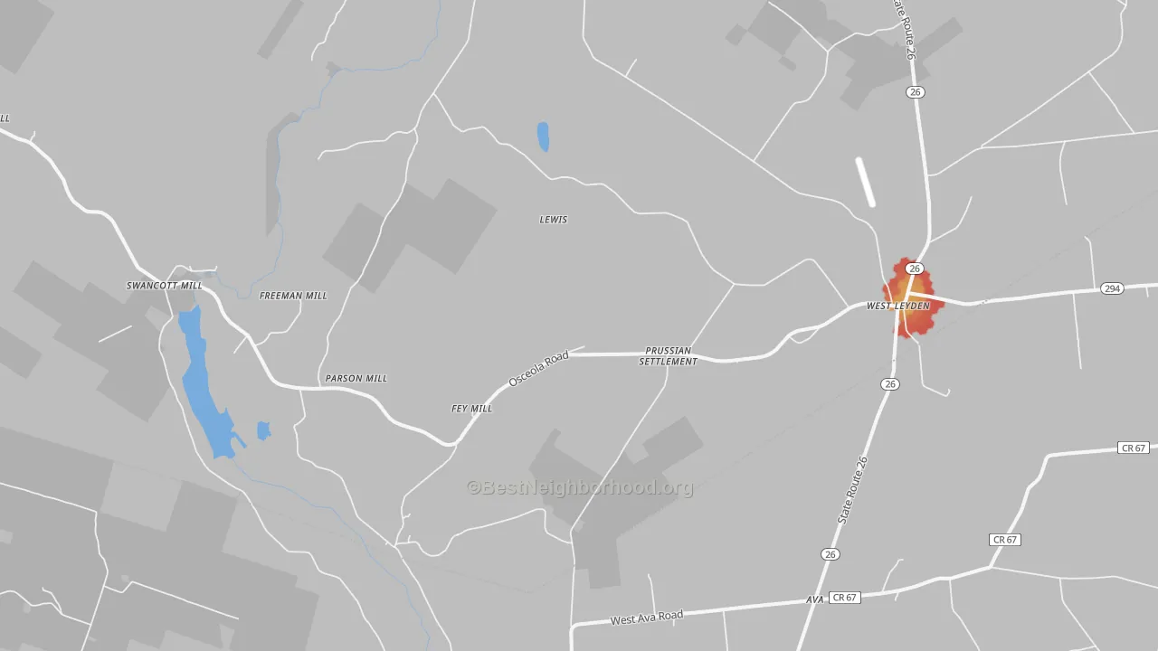 Walk Grade map of West Leyden, NY, walkable areas in green and car-dependent areas in red