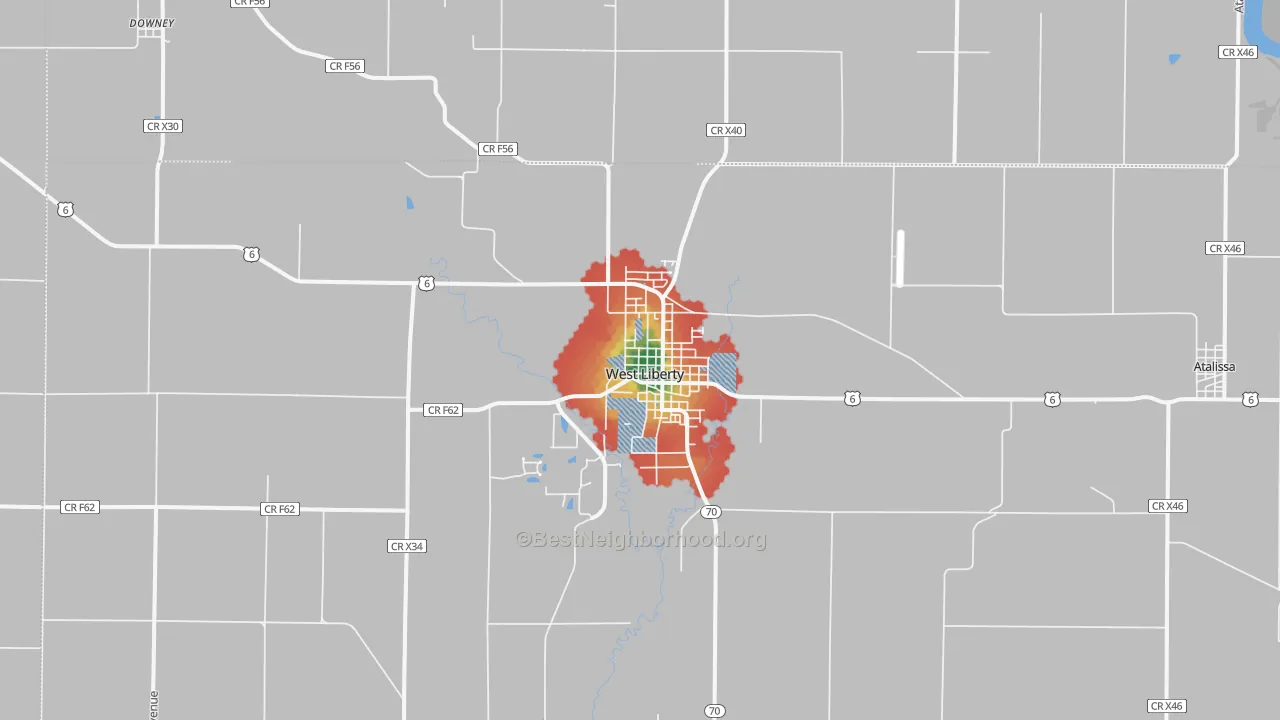 Walk Grade map of West Liberty, IA, walkable areas in green and car-dependent areas in red