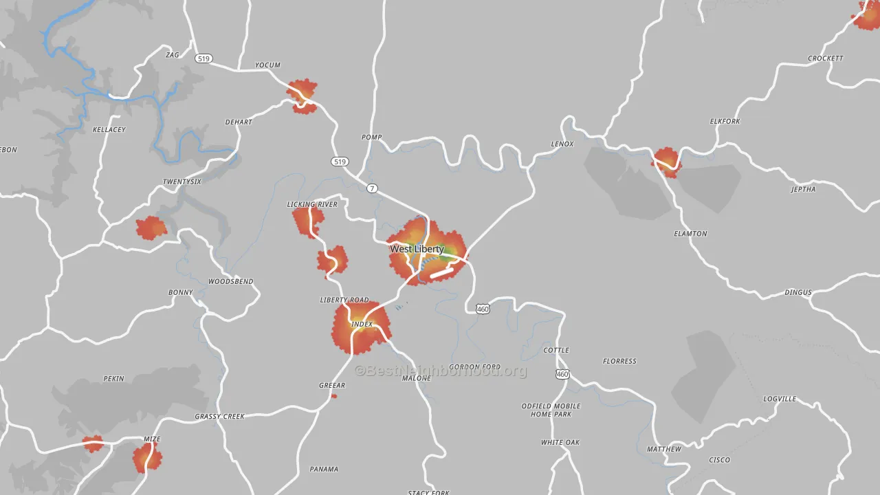 Walk Grade map of West Liberty, KY, walkable areas in green and car-dependent areas in red