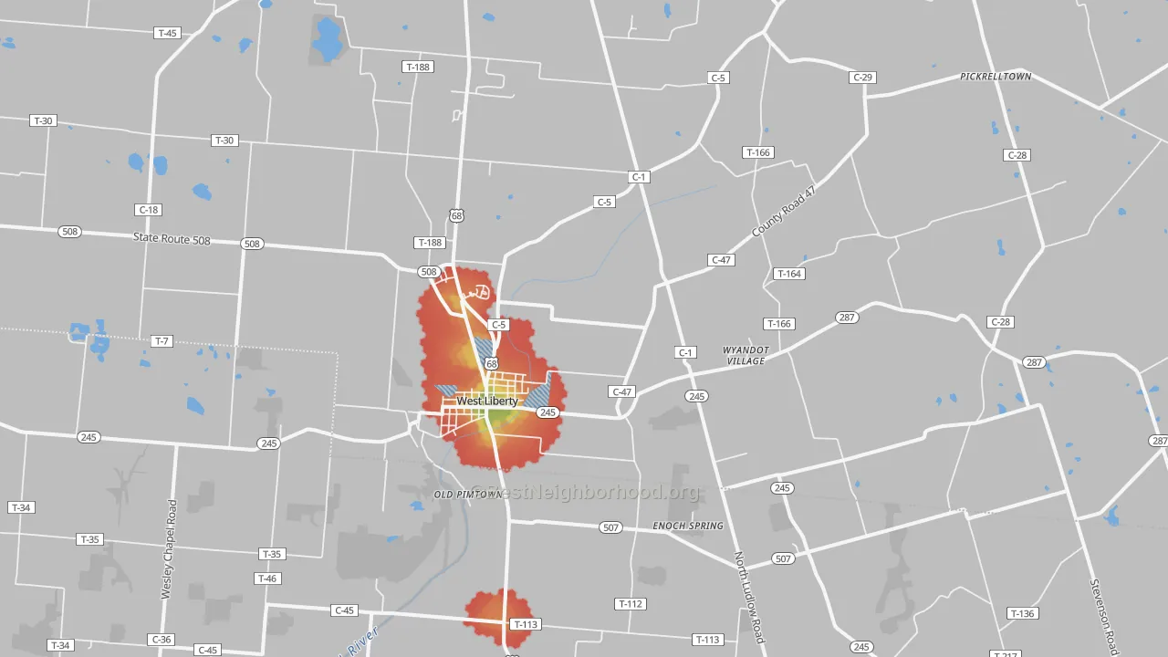 Walk Grade map of West Liberty, OH, walkable areas in green and car-dependent areas in red