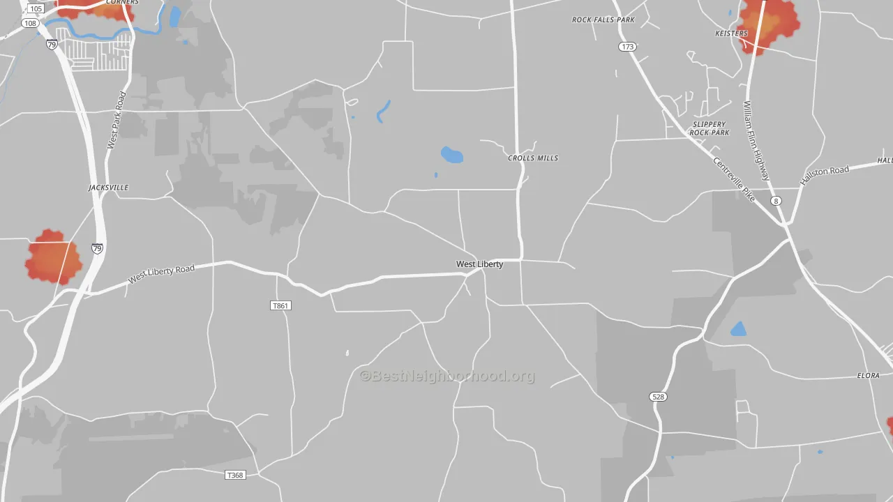 Walk Grade map of West Liberty, PA, walkable areas in green and car-dependent areas in red
