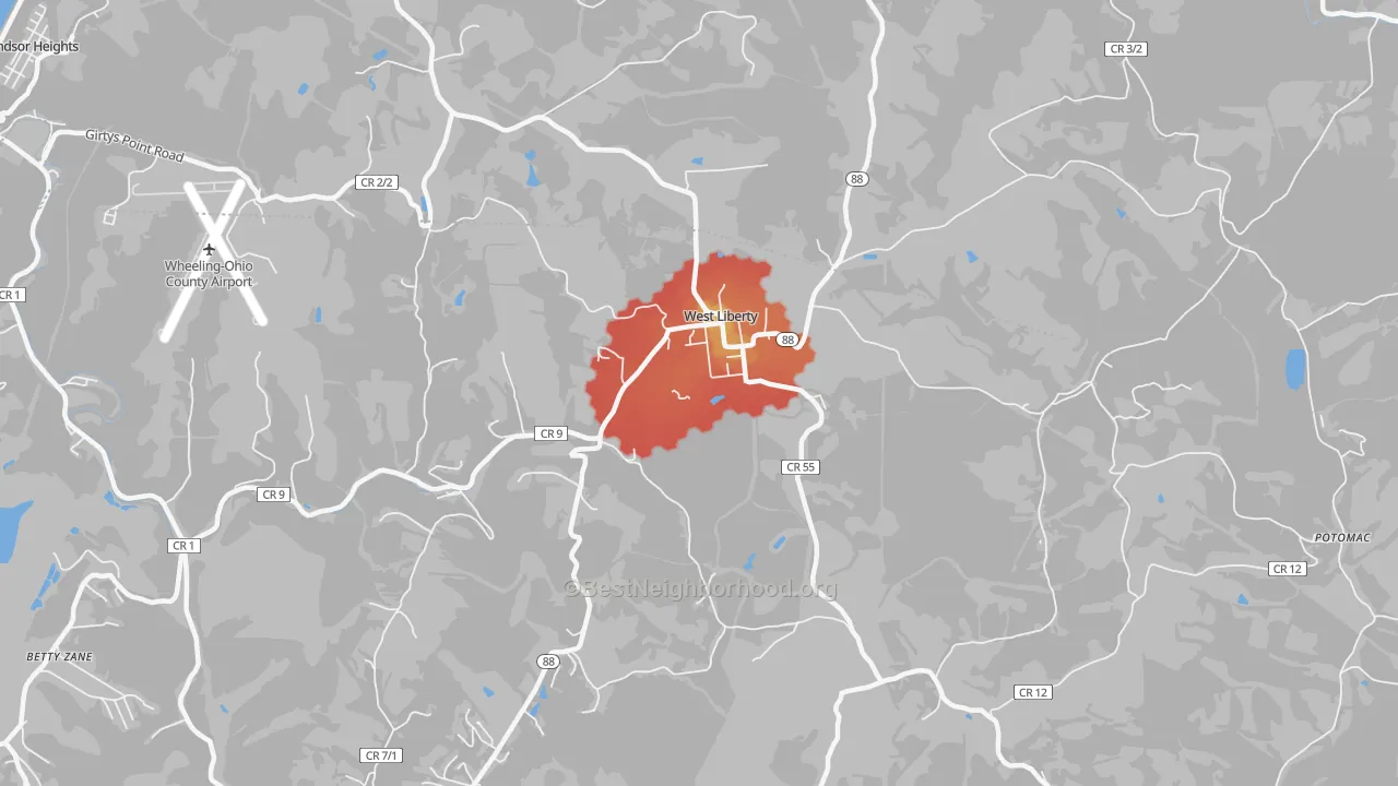 Walk Grade map of West Liberty, WV, walkable areas in green and car-dependent areas in red