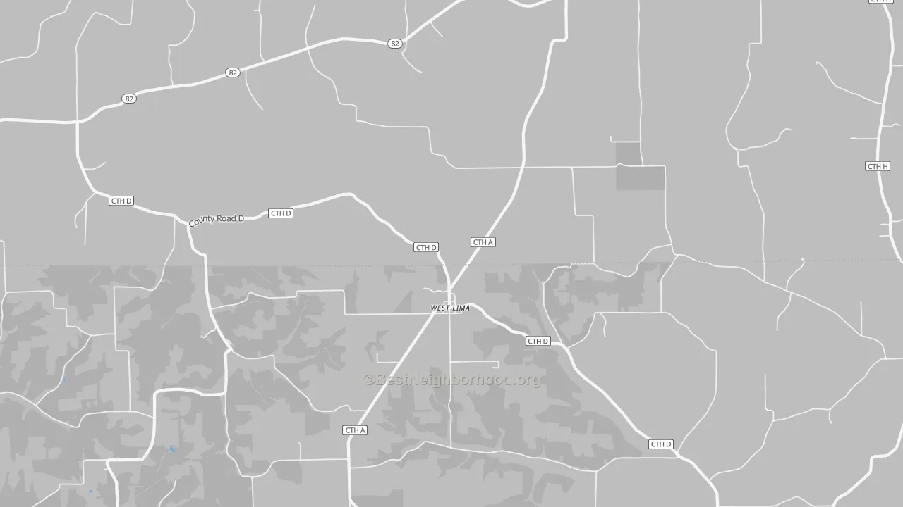 Walk Grade map of West Lima, WI, walkable areas in green and car-dependent areas in red