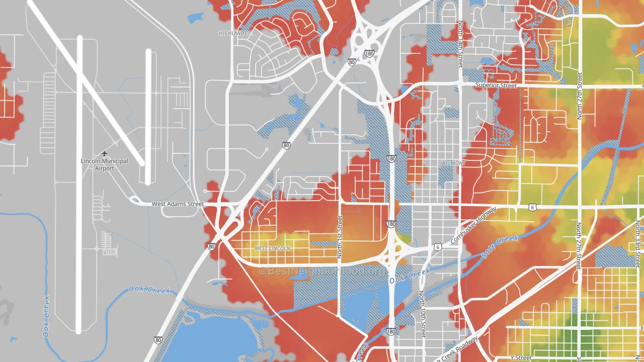 Walk Grade map of West Lincoln, Lincoln, NE, walkable areas in green and car-dependent areas in red