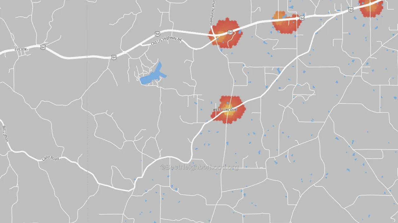 Walk Grade map of West Lincoln, MS, walkable areas in green and car-dependent areas in red