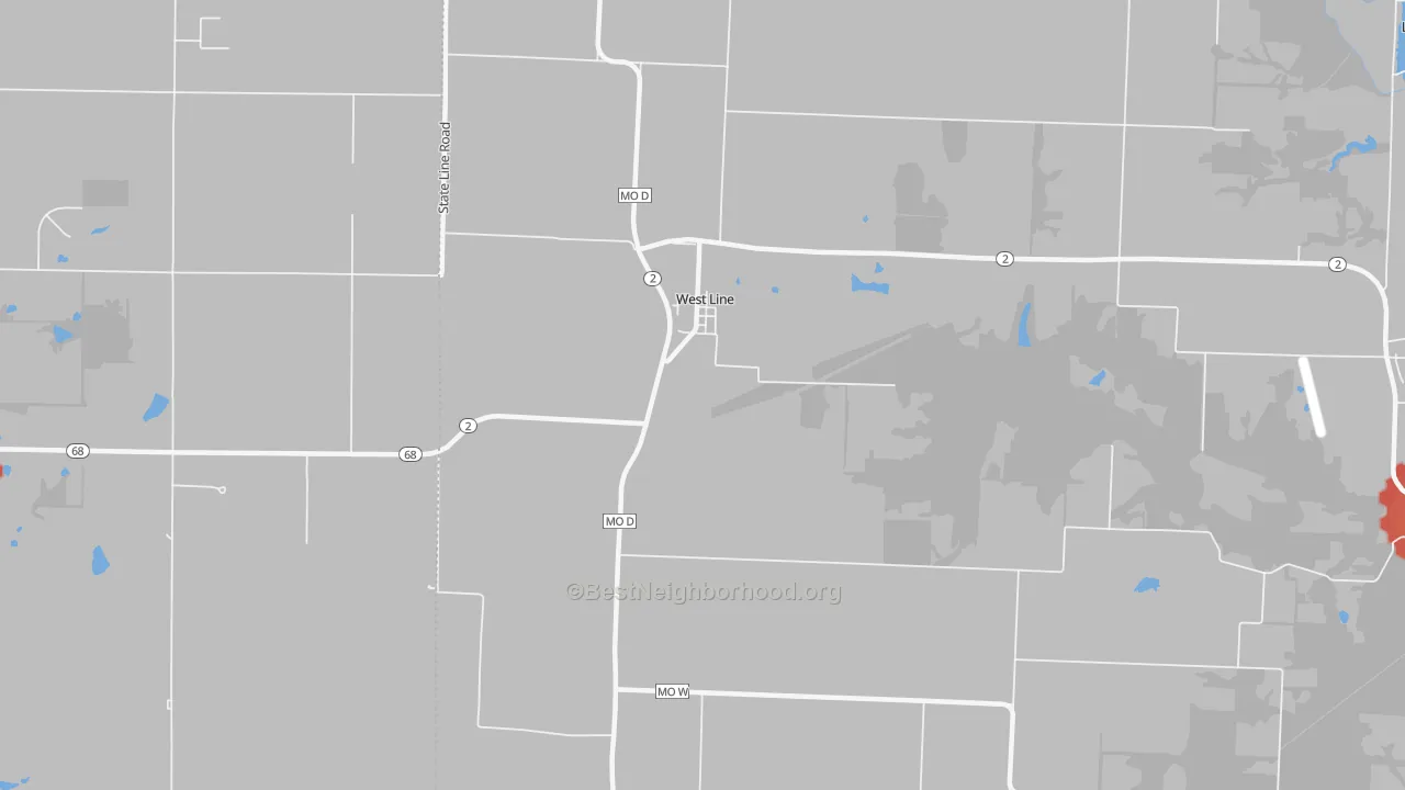 Walk Grade map of West Line, MO, walkable areas in green and car-dependent areas in red