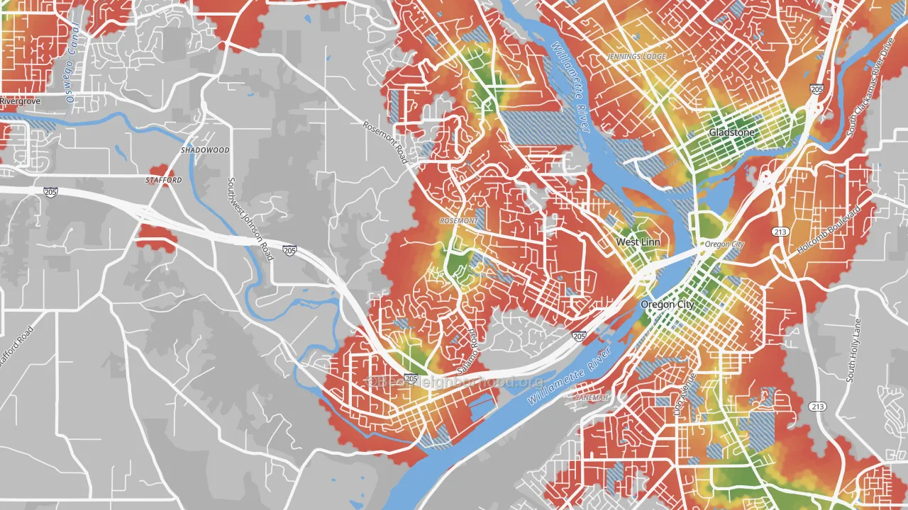 Walk Grade map of West Linn, OR, walkable areas in green and car-dependent areas in red