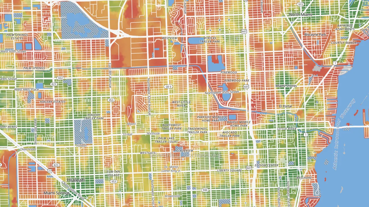 Walk Grade map of West Little River, FL, walkable areas in green and car-dependent areas in red