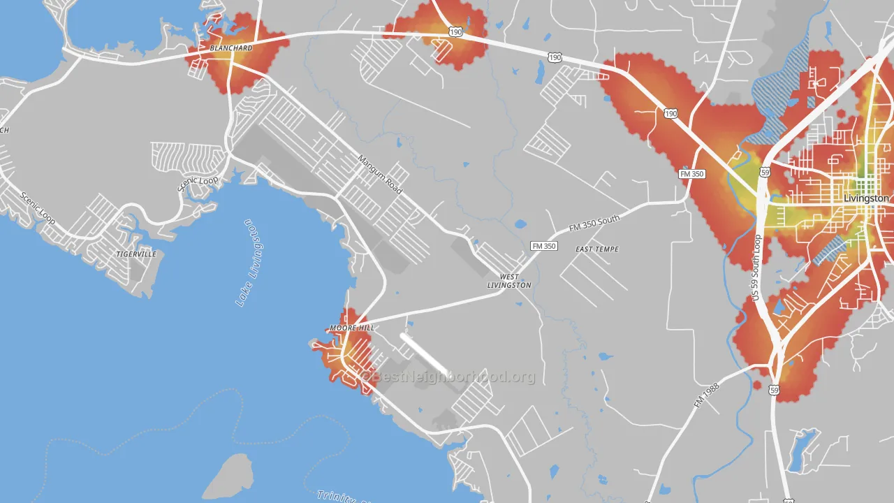 Walk Grade map of West Livingston, TX, walkable areas in green and car-dependent areas in red