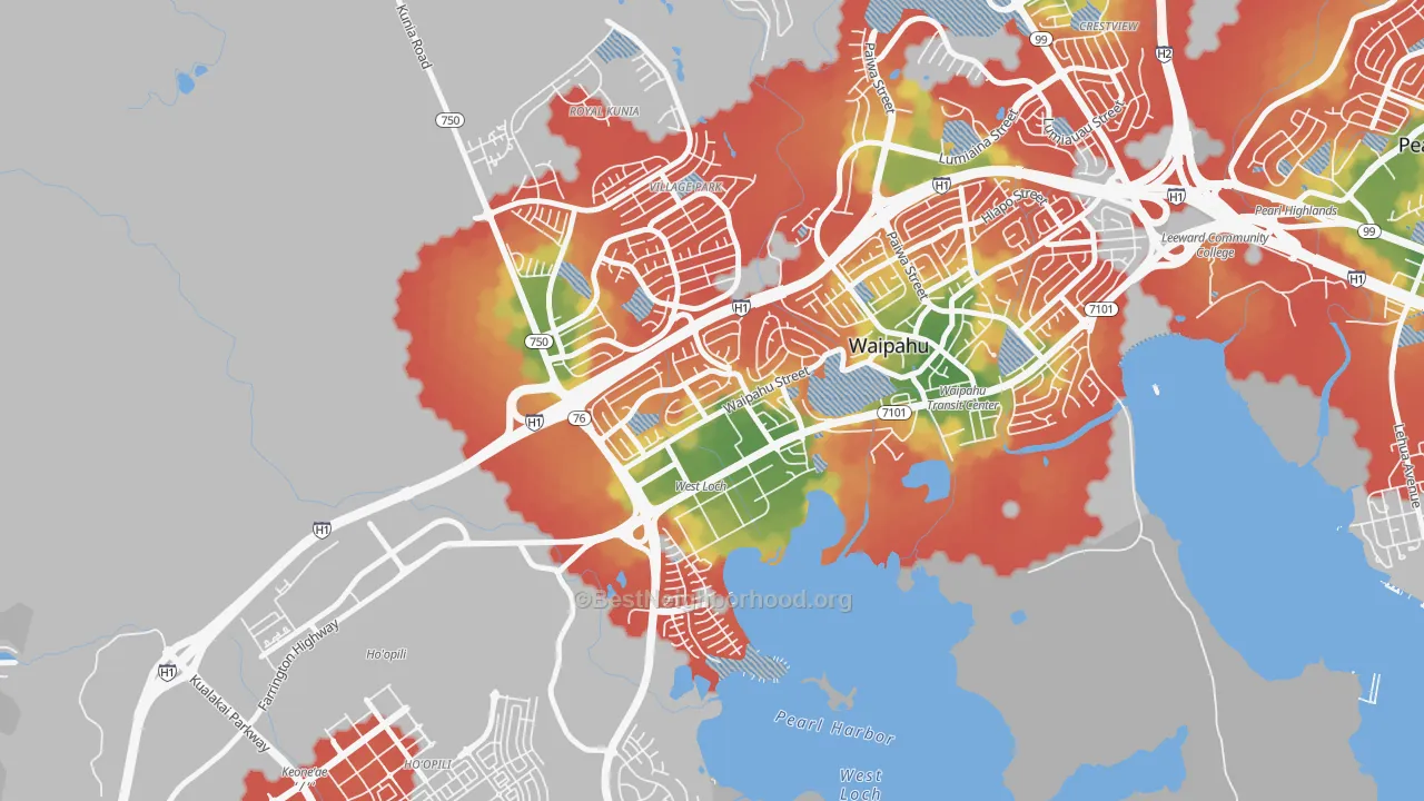 Walk Grade map of West Loch, Waipahu, HI, walkable areas in green and car-dependent areas in red