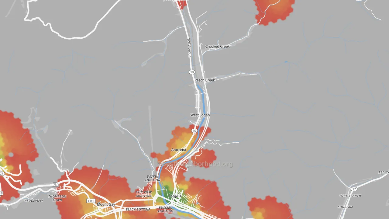 Walk Grade map of West Logan, WV, walkable areas in green and car-dependent areas in red