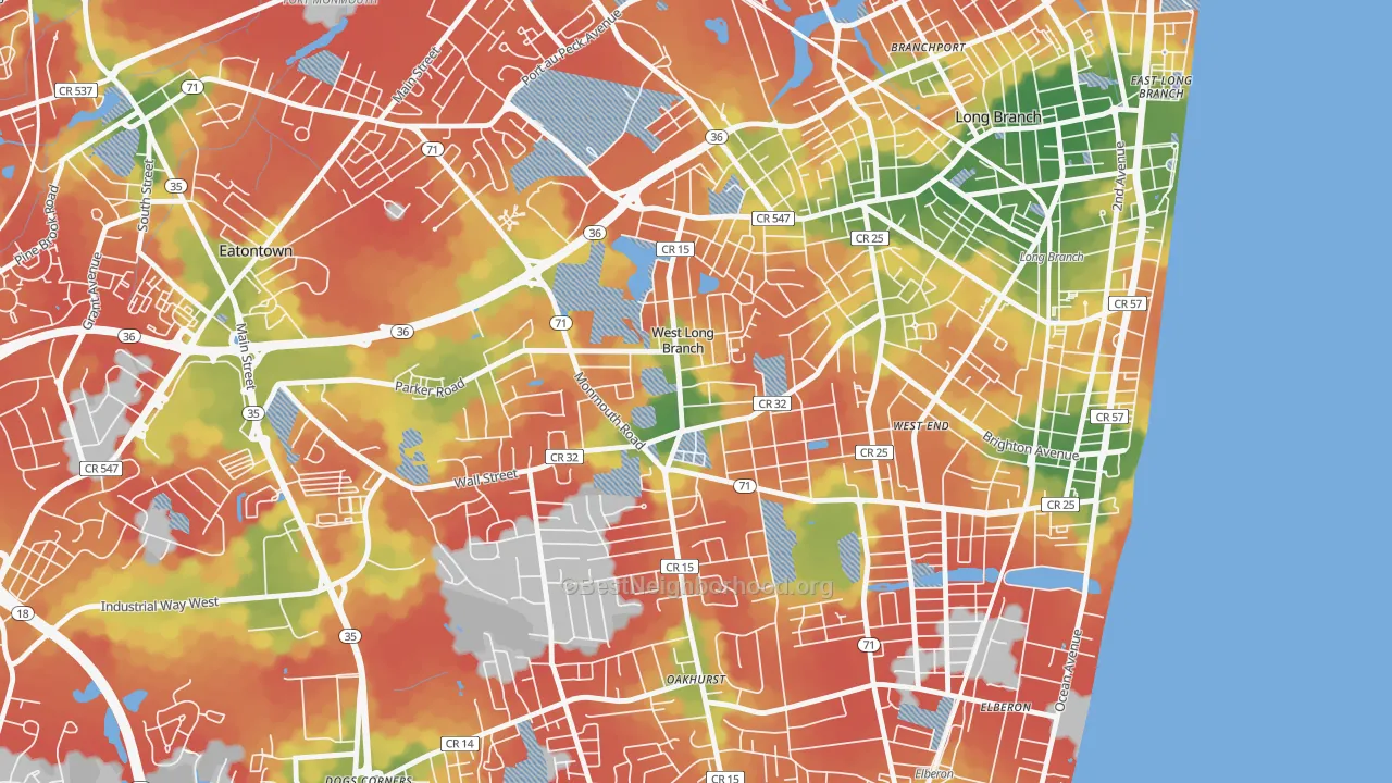 Walk Grade map of West Long Branch, NJ, walkable areas in green and car-dependent areas in red
