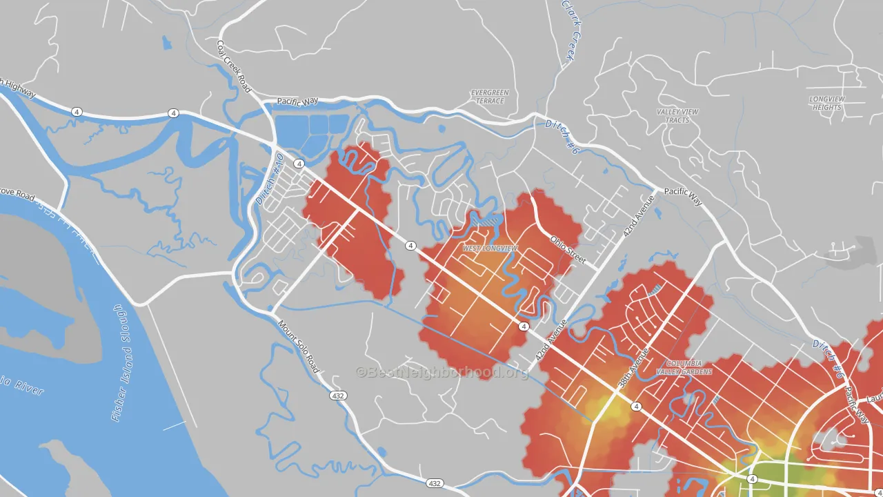 Walk Grade map of West Longview, Longview, WA, walkable areas in green and car-dependent areas in red