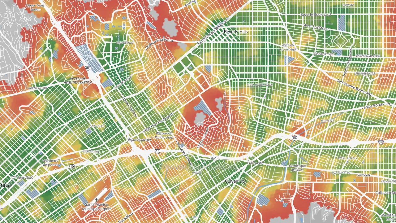 Walk Grade map of West Los Angeles, Los Angeles, CA, walkable areas in green and car-dependent areas in red