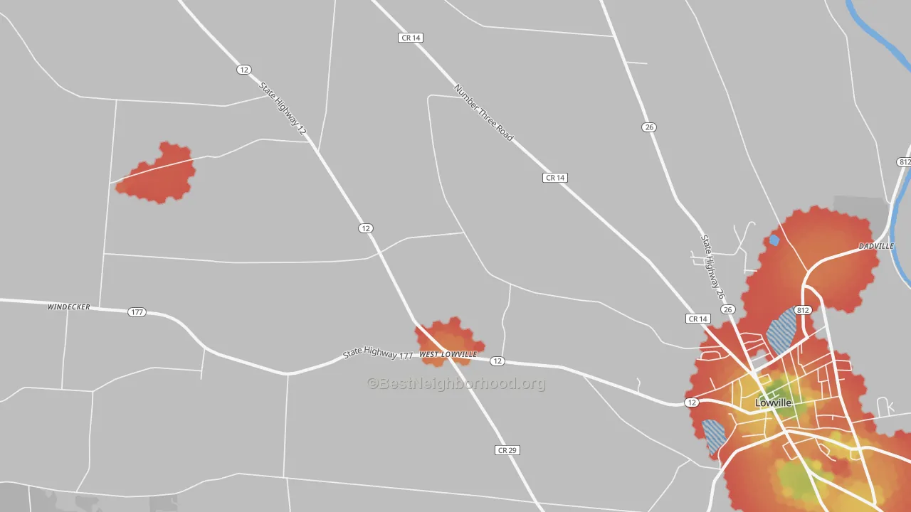 Walk Grade map of West Lowville, NY, walkable areas in green and car-dependent areas in red