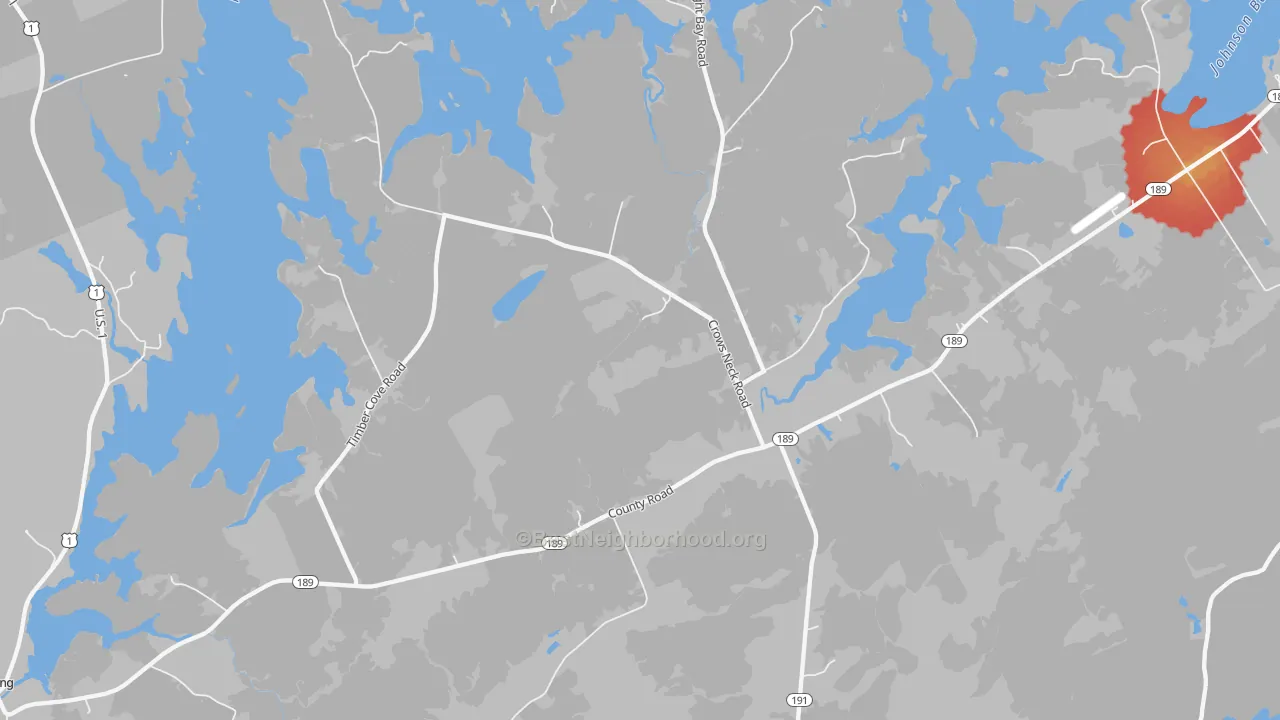 Walk Grade map of West Lubec, ME, walkable areas in green and car-dependent areas in red
