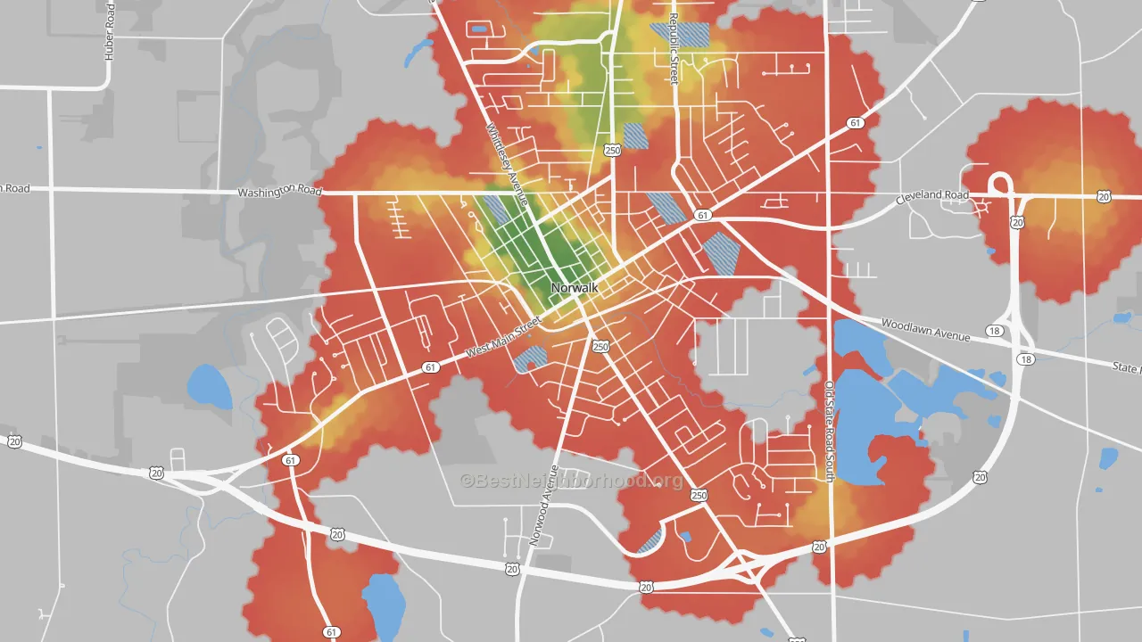 Walk Grade map of West Main Street Historic District, Norwalk, OH, walkable areas in green and car-dependent areas in red