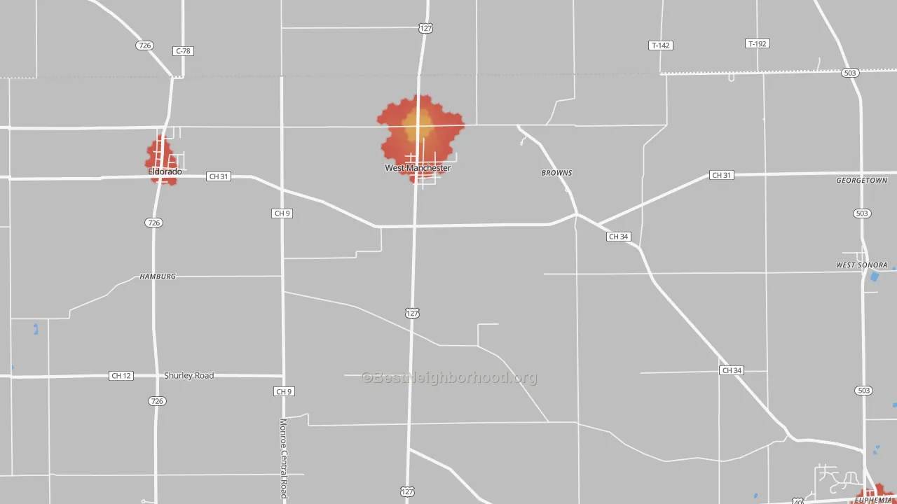 Walk Grade map of West Manchester, OH, walkable areas in green and car-dependent areas in red