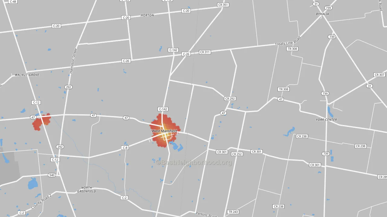 Walk Grade map of West Mansfield, OH, walkable areas in green and car-dependent areas in red
