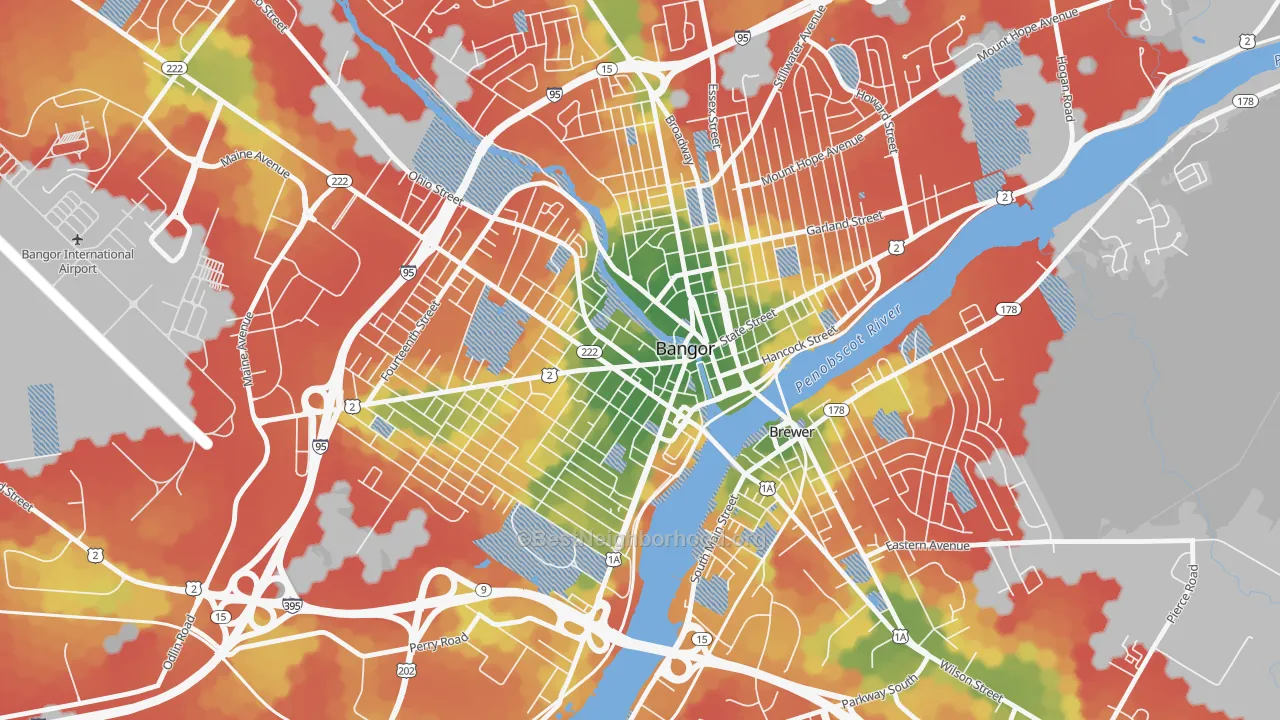 Walk Grade map of West Market Square Historic District, Bangor, ME, walkable areas in green and car-dependent areas in red