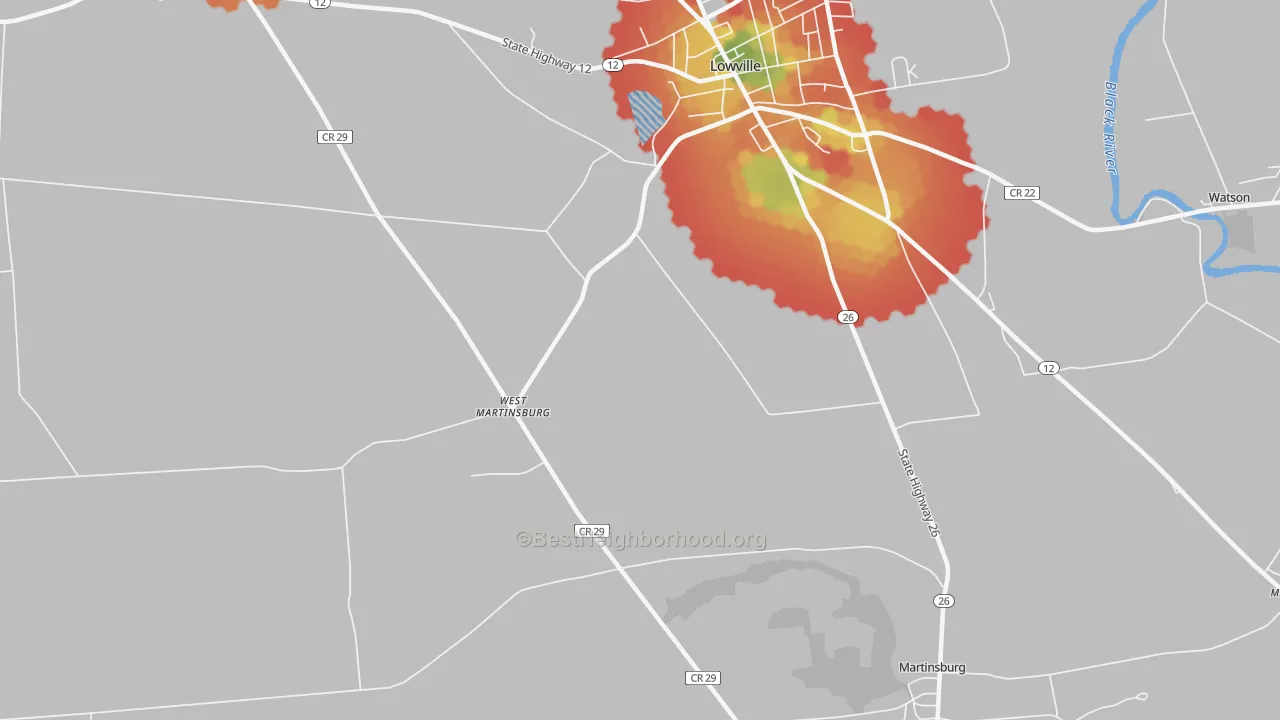 Walk Grade map of West Martinsburg, NY, walkable areas in green and car-dependent areas in red