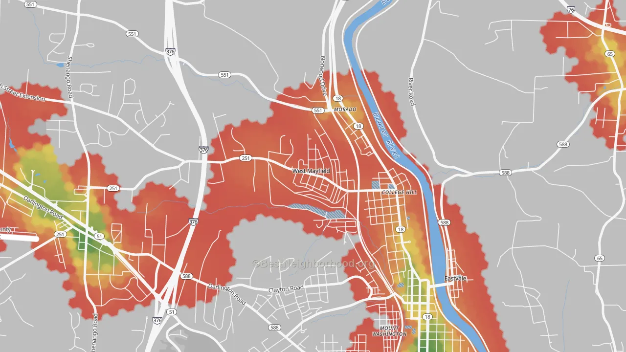 Walk Grade map of West Mayfield, PA, walkable areas in green and car-dependent areas in red