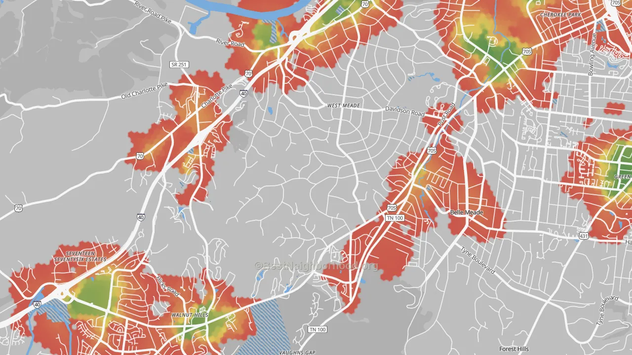 Walk Grade map of West Meade, Nashville, TN, walkable areas in green and car-dependent areas in red