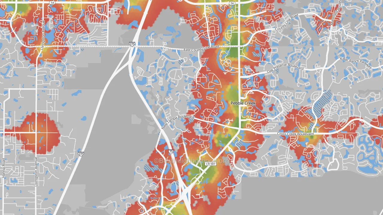 Walk Grade map of West Meadows, Tampa, FL, walkable areas in green and car-dependent areas in red