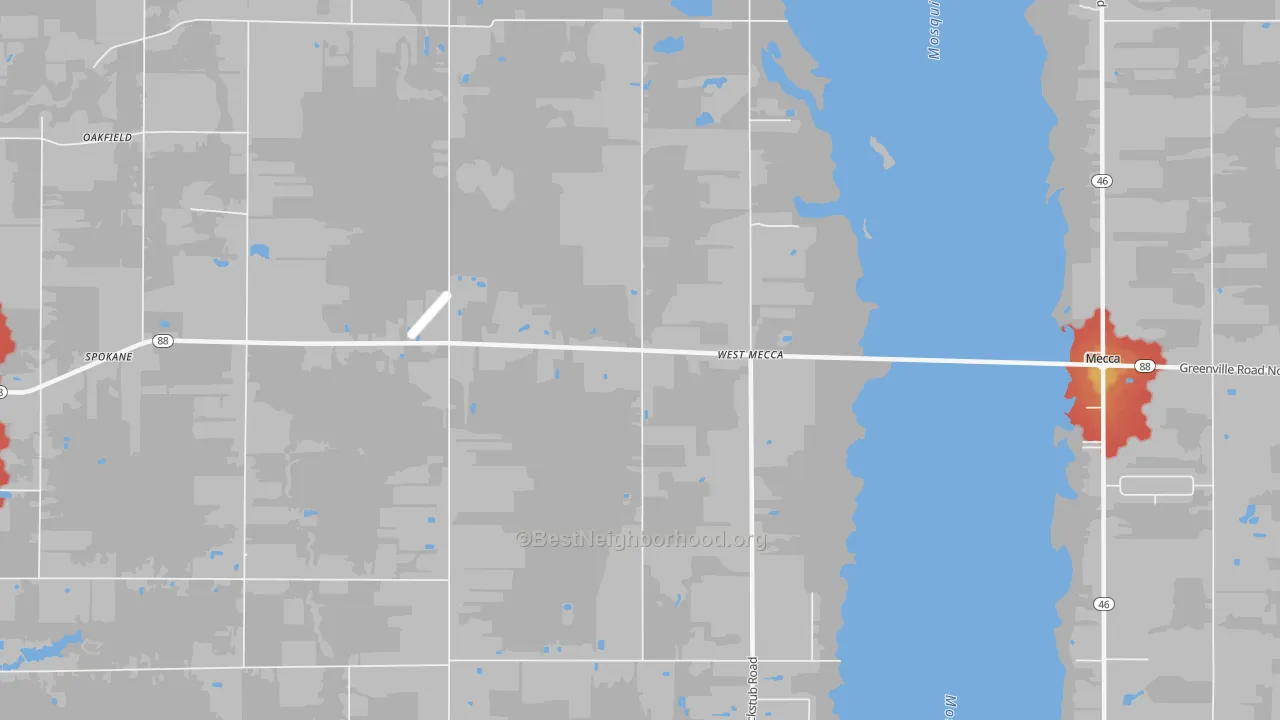 Walk Grade map of West Mecca, OH, walkable areas in green and car-dependent areas in red