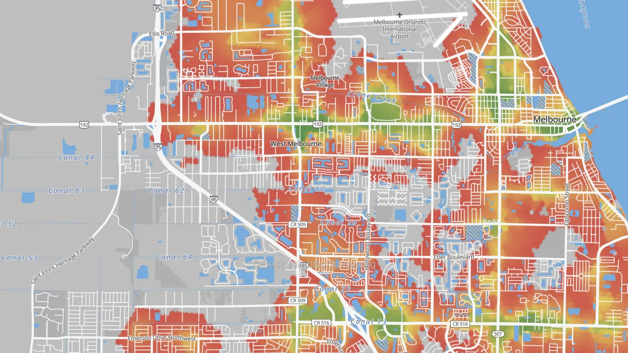 Walk Grade map of West Melbourne, FL, walkable areas in green and car-dependent areas in red