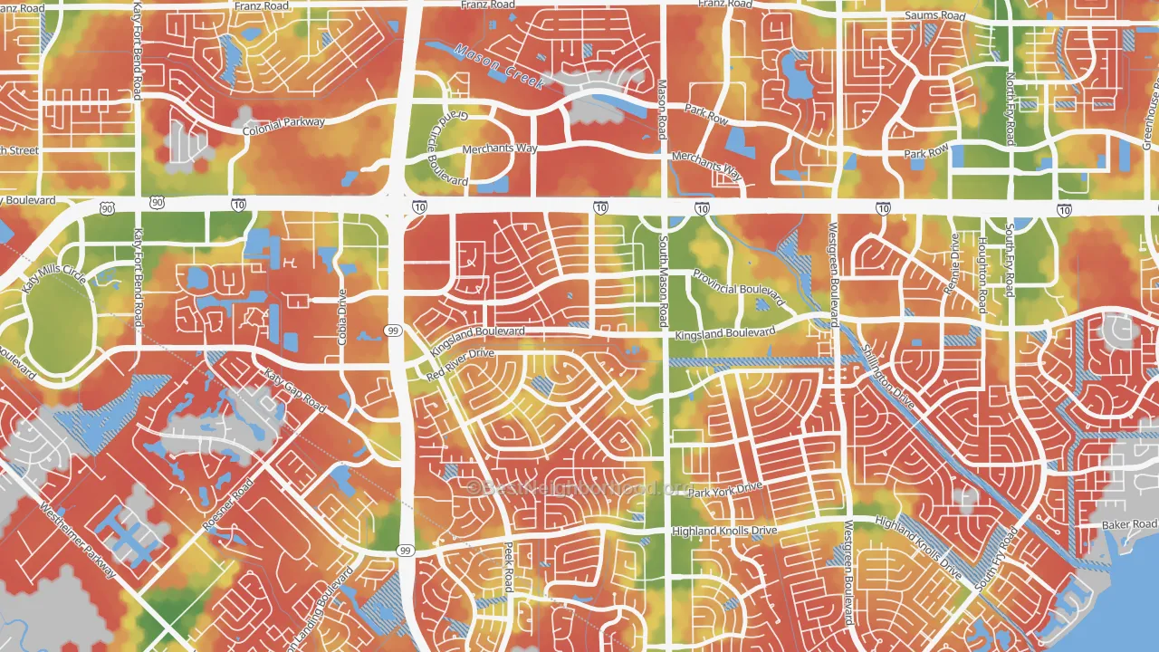 Walk Grade map of West Memorial, Katy, TX, walkable areas in green and car-dependent areas in red