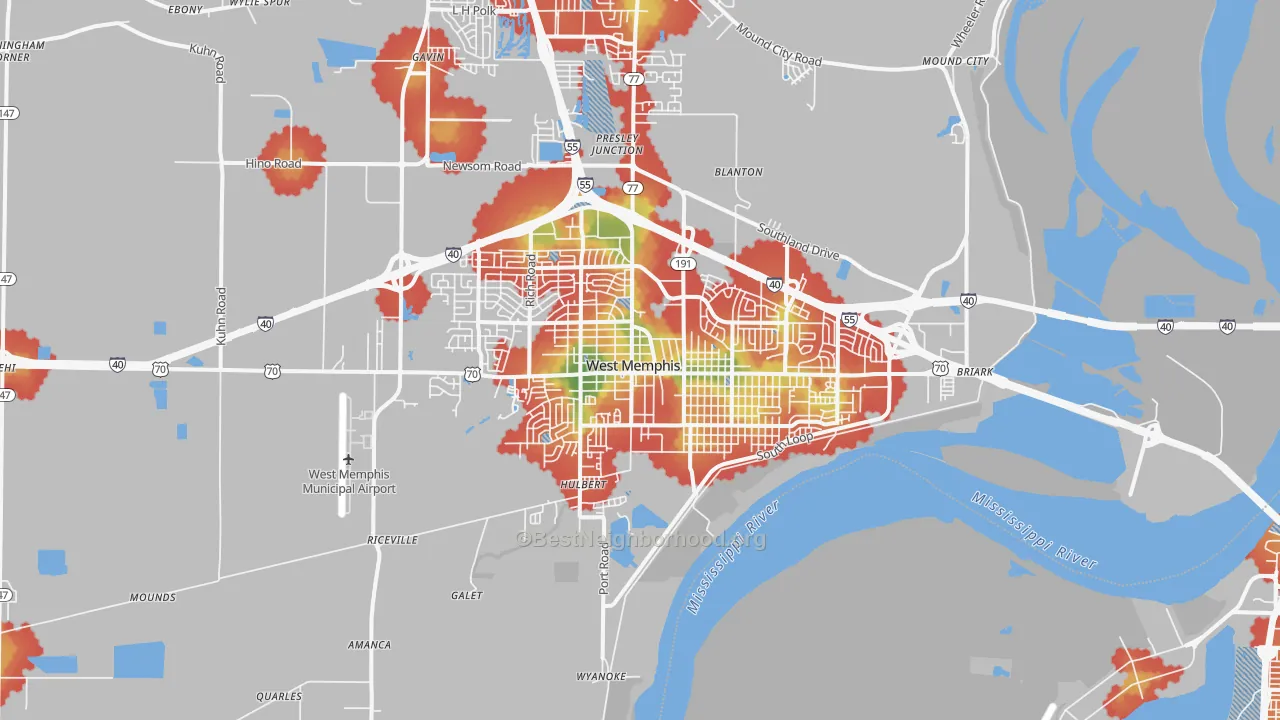 Walk Grade map of West Memphis, AR, walkable areas in green and car-dependent areas in red