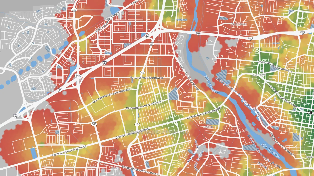 Walk Grade map of West Mesa, Albuquerque, NM, walkable areas in green and car-dependent areas in red
