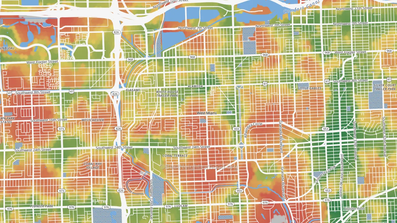 Walk Grade map of West Miami, FL, walkable areas in green and car-dependent areas in red