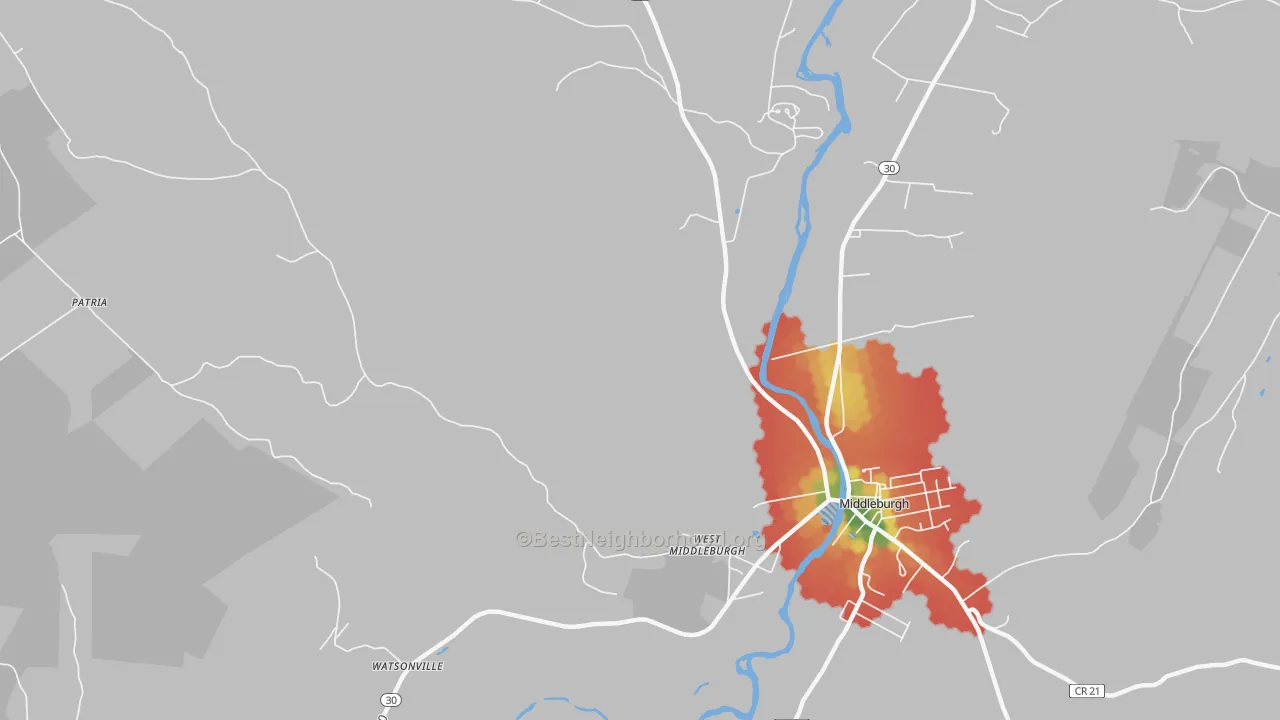 Walk Grade map of West Middleburgh, NY, walkable areas in green and car-dependent areas in red