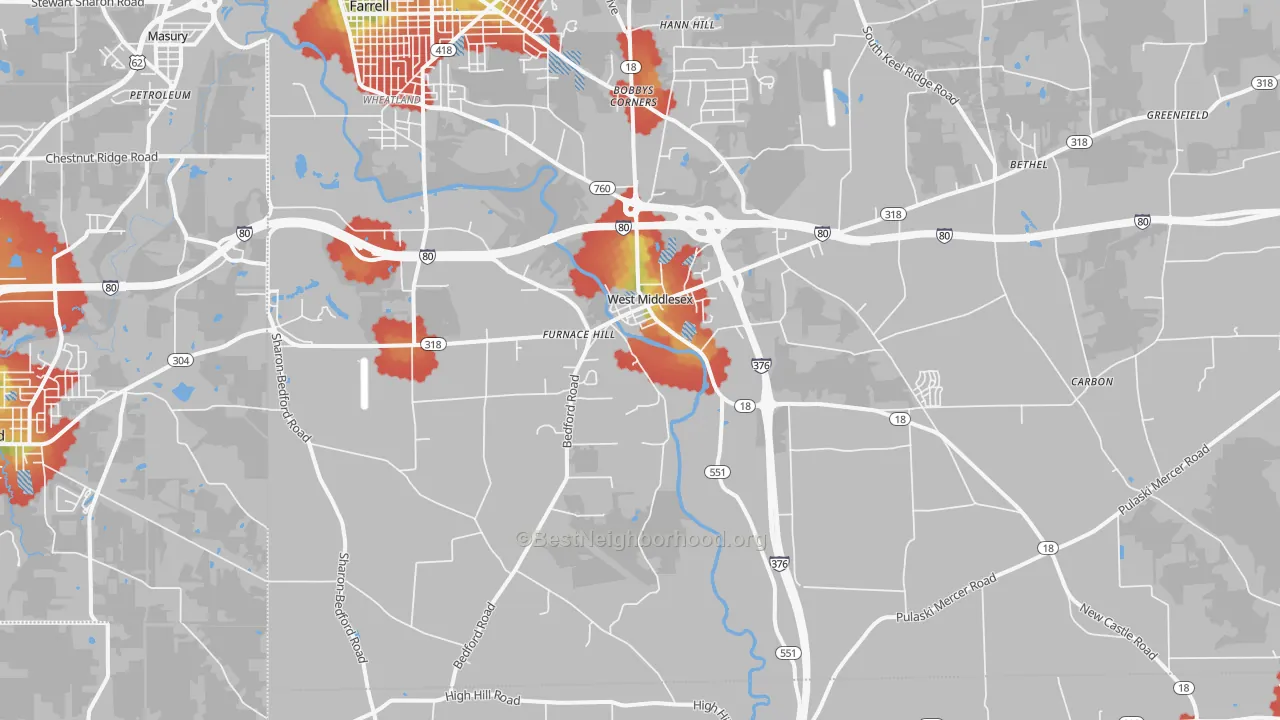 Walk Grade map of West Middlesex, PA, walkable areas in green and car-dependent areas in red