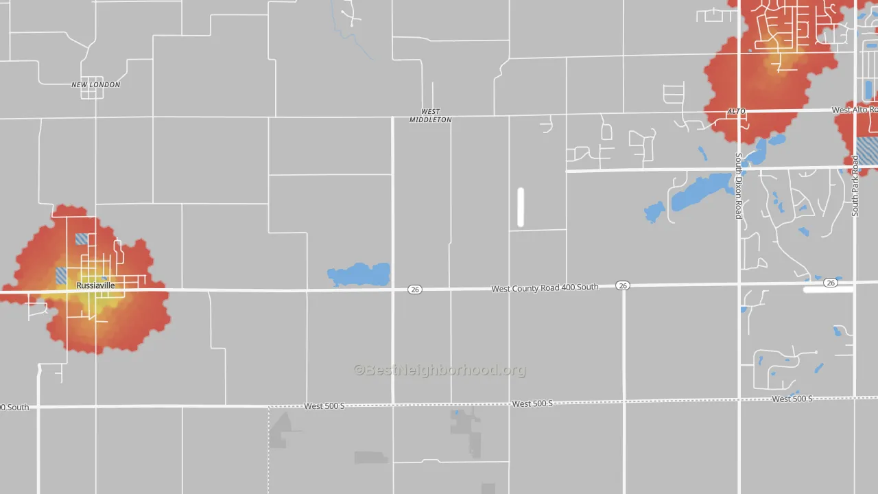 Walk Grade map of West Middleton, IN, walkable areas in green and car-dependent areas in red